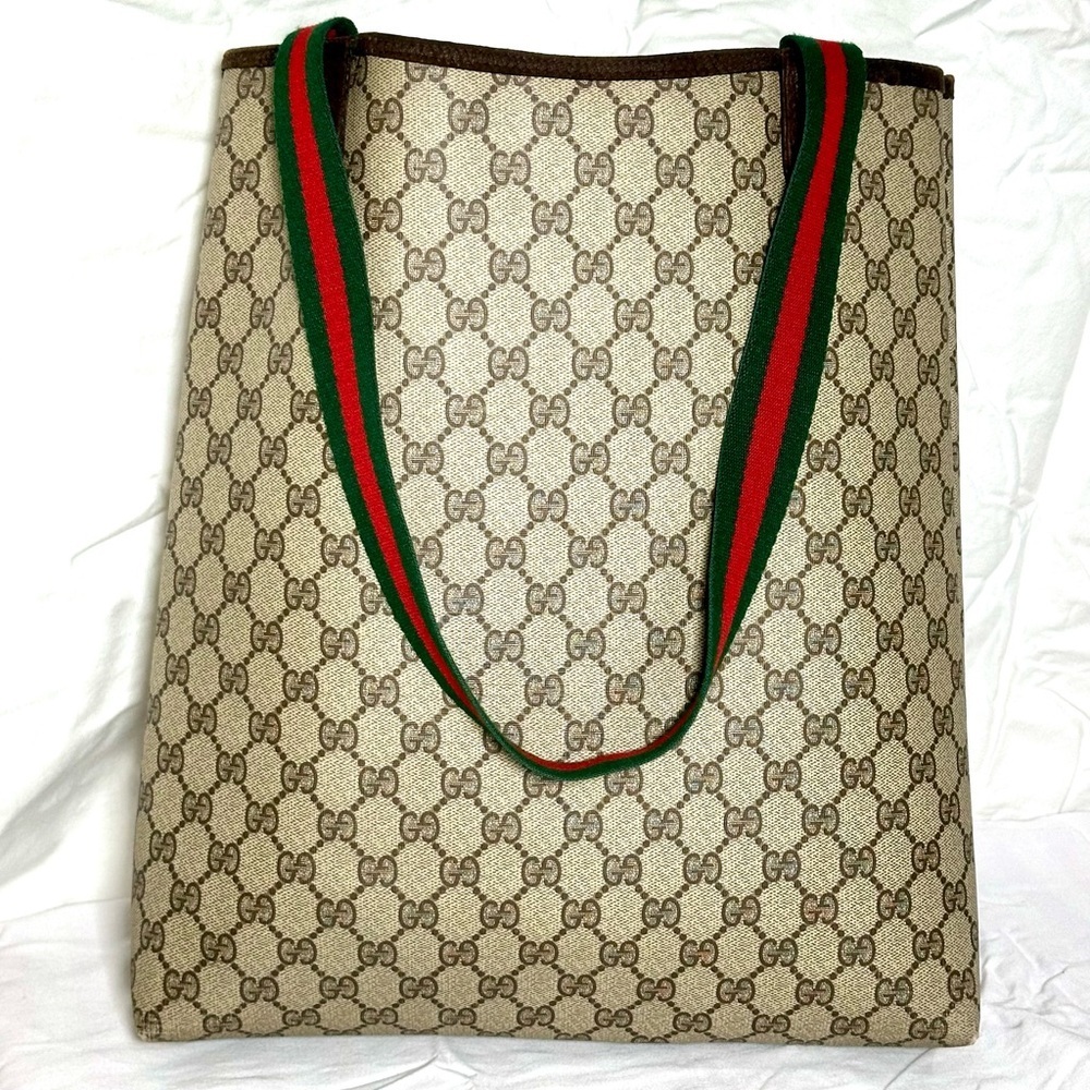 GUCCI SIGNATURE Beige Tote With Red And Green Straps Gorgeous - Picture 3 of 16